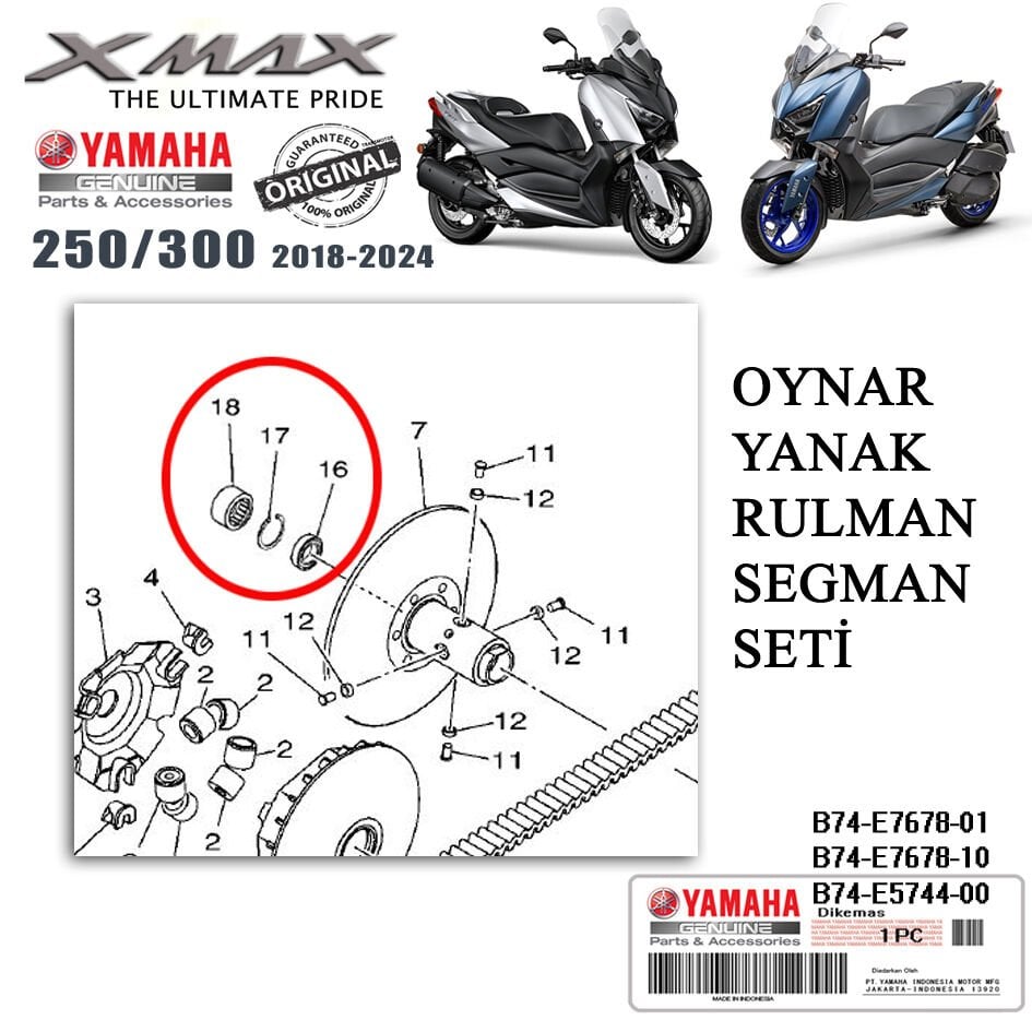 Orijinal XMAX 250/300 2018-2024 Oynar Yanak İçin Rulman Segman Seti